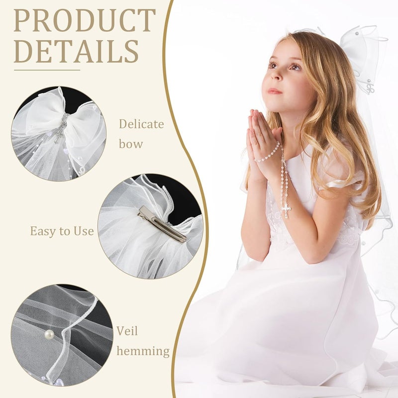 VULETO First Communion Veil Gifts for Girls Catholic White Bow Veil and Headpiece Accessories Set 1st Communion Easter Dress - Image 2